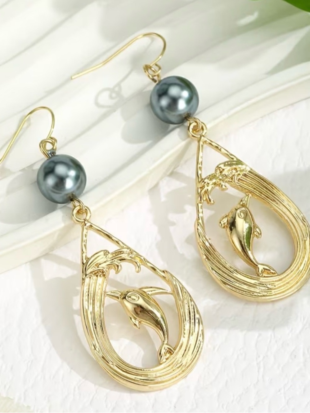 Gold Dolphin Teardrop Earrings with Gray Pearls
